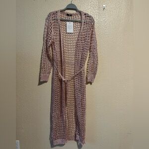 Hesperus Open Knit Cardigan Duster‎ With Belt Size Medium Sequins Metallic